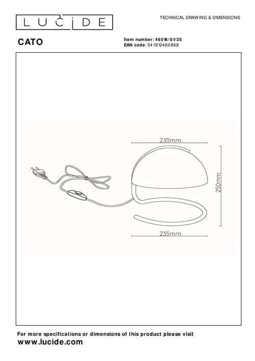 Lucide CATO - Tischlampe - Ø 23,5 cm - 1xE27 - Blau - technisch